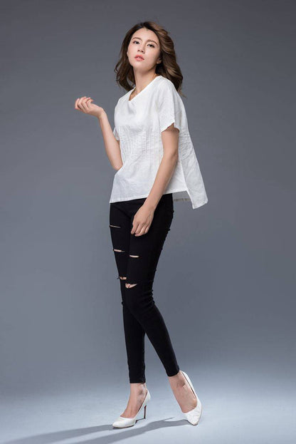 White top, linen top, summer shirt, womens blouse, asymmetrical tops, short shirt, casual top, v neck top, white tee, handmade top C948
