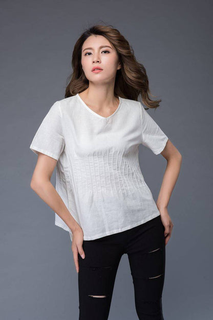 White top, linen top, summer shirt, womens blouse, asymmetrical tops, short shirt, casual top, v neck top, white tee, handmade top C948