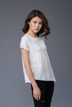 Load image into Gallery viewer, White linen T-shirt, irregular T-shirt, round neck ,loose fit T- Shirt, casual women T-shirt C949

