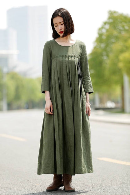 Green Linen Dress, linen dress, long linen dress, Pleated dress, loose linen dress, womens dresses, dress with pockets, plus size dress C358