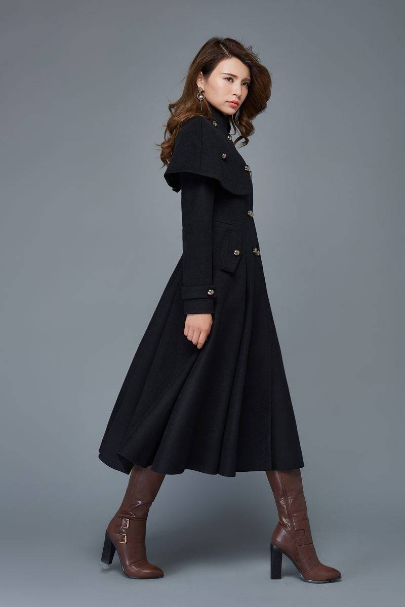 Women's Black Capelet Wool Coat C957