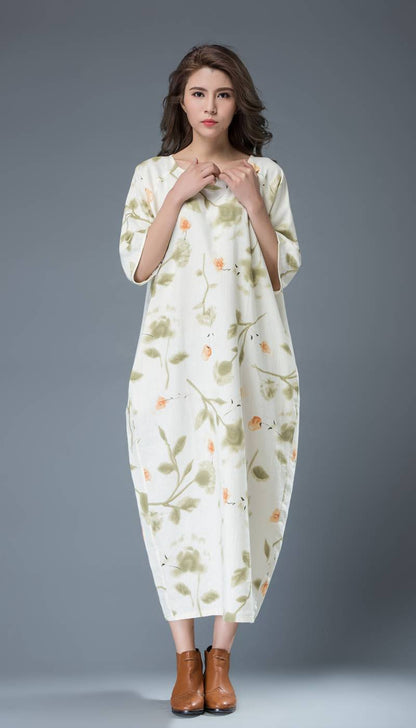 Flower print dress, maxi linen dress, womens dresses, long dress, t shirt dress, shift dress, oversize dress, plus size dress, handmade C812