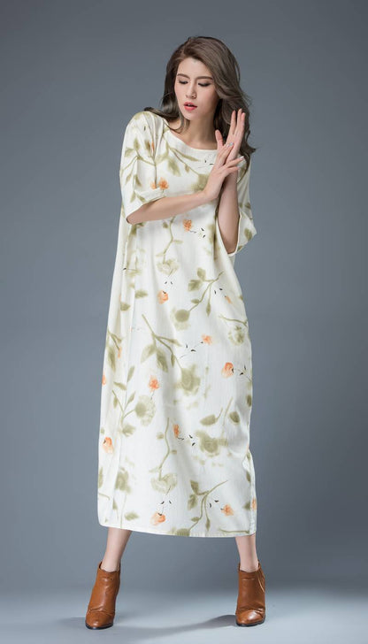Flower print dress, maxi linen dress, womens dresses, long dress, t shirt dress, shift dress, oversize dress, plus size dress, handmade C812