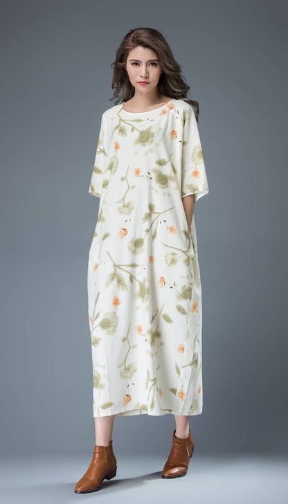 Flower print dress, maxi linen dress, womens dresses, long dress, t shirt dress, shift dress, oversize dress, plus size dress, handmade C812