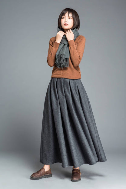 Gray skirt, winter skirt, long skirt, pleated skirt, womens skirts, wool skirt, flare skirt, swing skirt, skirt with pockets C1205