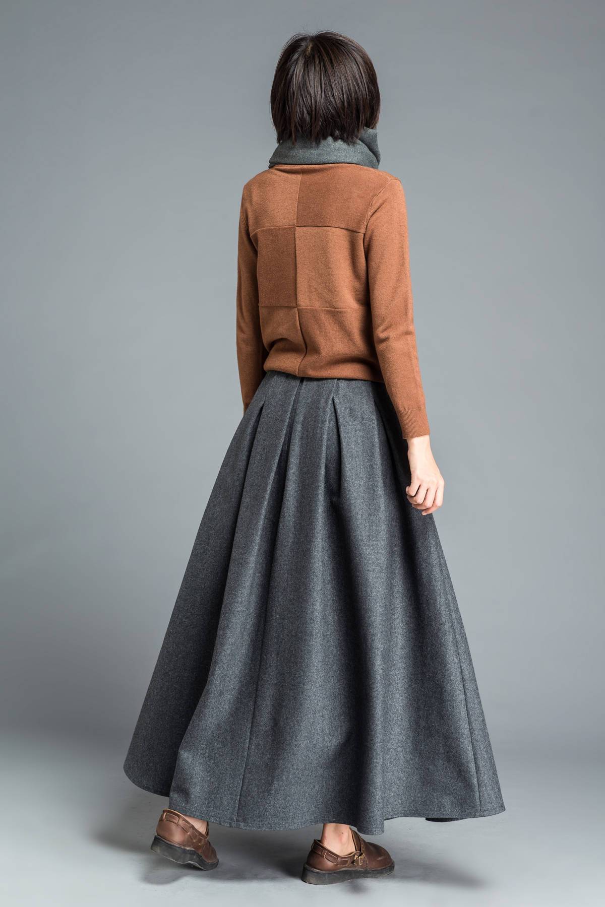 Gray skirt, winter skirt, long skirt, pleated skirt, womens skirts, wool skirt, flare skirt, swing skirt, skirt with pockets C1205