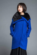 Load image into Gallery viewer, Blue Wool coat, winter wool coat, women wool warm coat, asymmetrical wool coat, winter wool coat, blue coat, cowl neck coat  C1211
