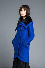 Load image into Gallery viewer, Blue Wool coat, winter wool coat, women wool warm coat, asymmetrical wool coat, winter wool coat, blue coat, cowl neck coat  C1211
