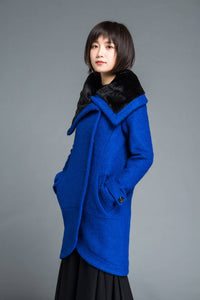 Blue Wool coat, winter wool coat, women wool warm coat, asymmetrical wool coat, winter wool coat, blue coat, cowl neck coat  C1211