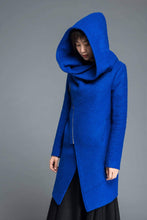 Load image into Gallery viewer, Womens coat, wool coat, blue coat, winter coat, asymmetrical coat, hoody coat, cowl neck coat, plus size coat, winter wool coat C1212
