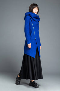 Womens coat, wool coat, blue coat, winter coat, asymmetrical coat, hoody coat, cowl neck coat, plus size coat, winter wool coat C1212