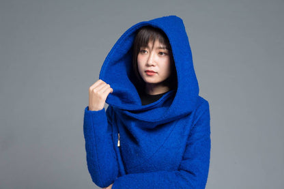 Womens coat, wool coat, blue coat, winter coat, asymmetrical coat, hoody coat, cowl neck coat, plus size coat, winter wool coat C1212
