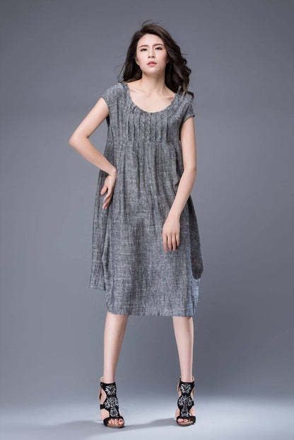 Gray linen tunic dress - mini Linen Women's Summer Dress with Cap Sleeves & Scoop Neck Mid-Length Plus Size Dress C886