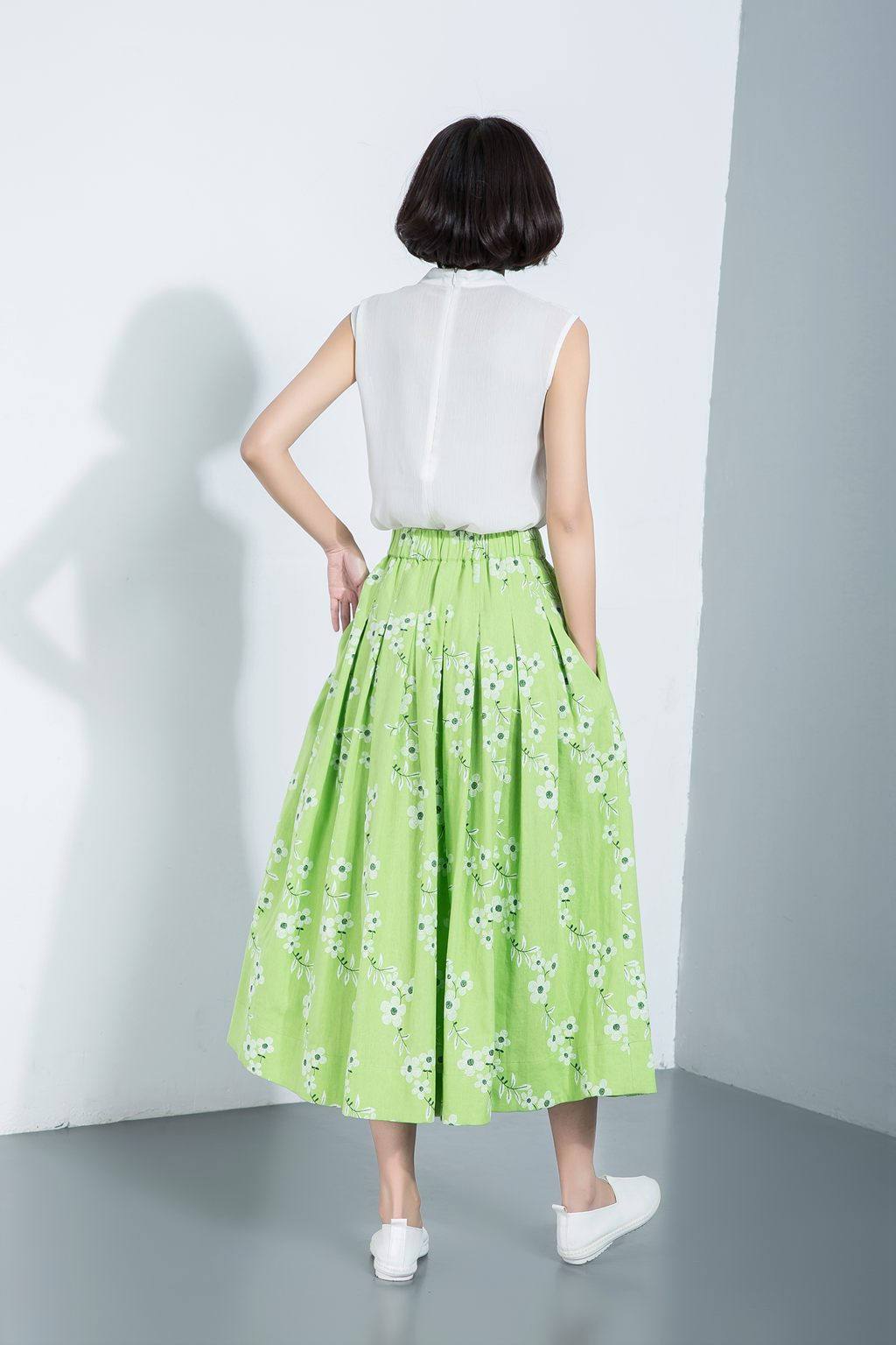 flower skirts, print skirts, skater skirt, pleated linen skirt, long linen skirt, maxi skirt, mint green skirt, green linen skirt C1125
