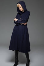 Load image into Gallery viewer, Navy Military Style Coat - Long Modern Dark Blue Hooded Winter Wool Designer Coat with Pockets and Button Detail C739
