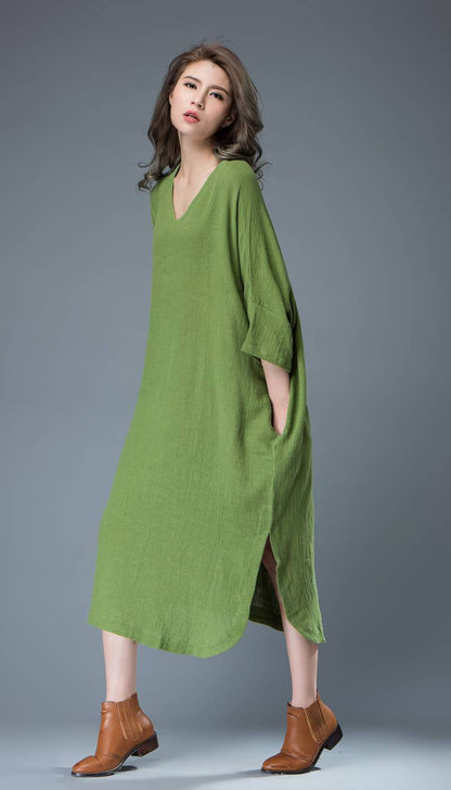 Green Linen dress, midi dress, womens dresses, plus size dress, summer dress, handmade dress, custom dress, dress with pockets C818
