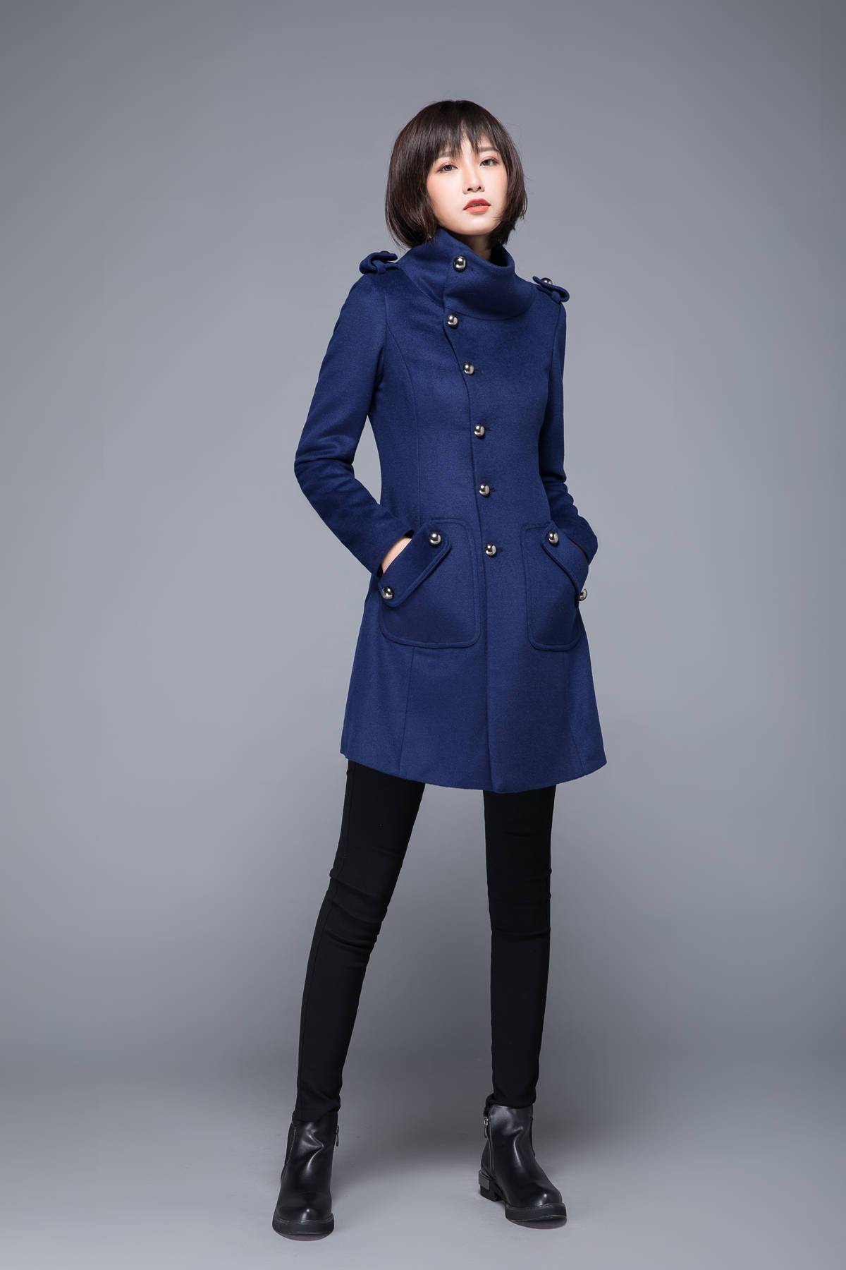 warm winter coat, blue coat, wool coat, womens jackets, midi jacket, coat, jackets, winter coat, fitted coat, pockets coat, C1216
