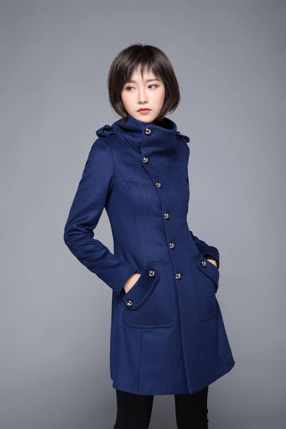 warm winter coat, blue coat, wool coat, womens jackets, midi jacket, coat, jackets, winter coat, fitted coat, pockets coat, C1216