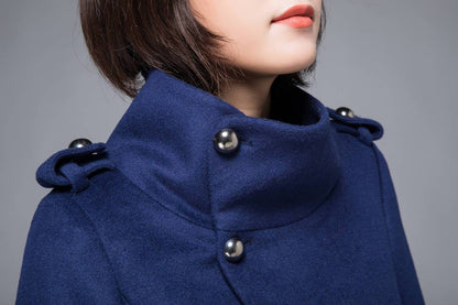 warm winter coat, blue coat, wool coat, womens jackets, midi jacket, coat, jackets, winter coat, fitted coat, pockets coat, C1216