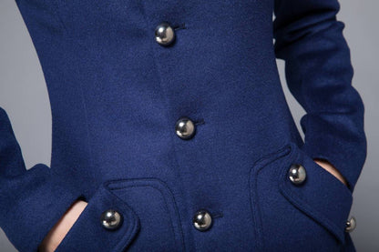 warm winter coat, blue coat, wool coat, womens jackets, midi jacket, coat, jackets, winter coat, fitted coat, pockets coat, C1216