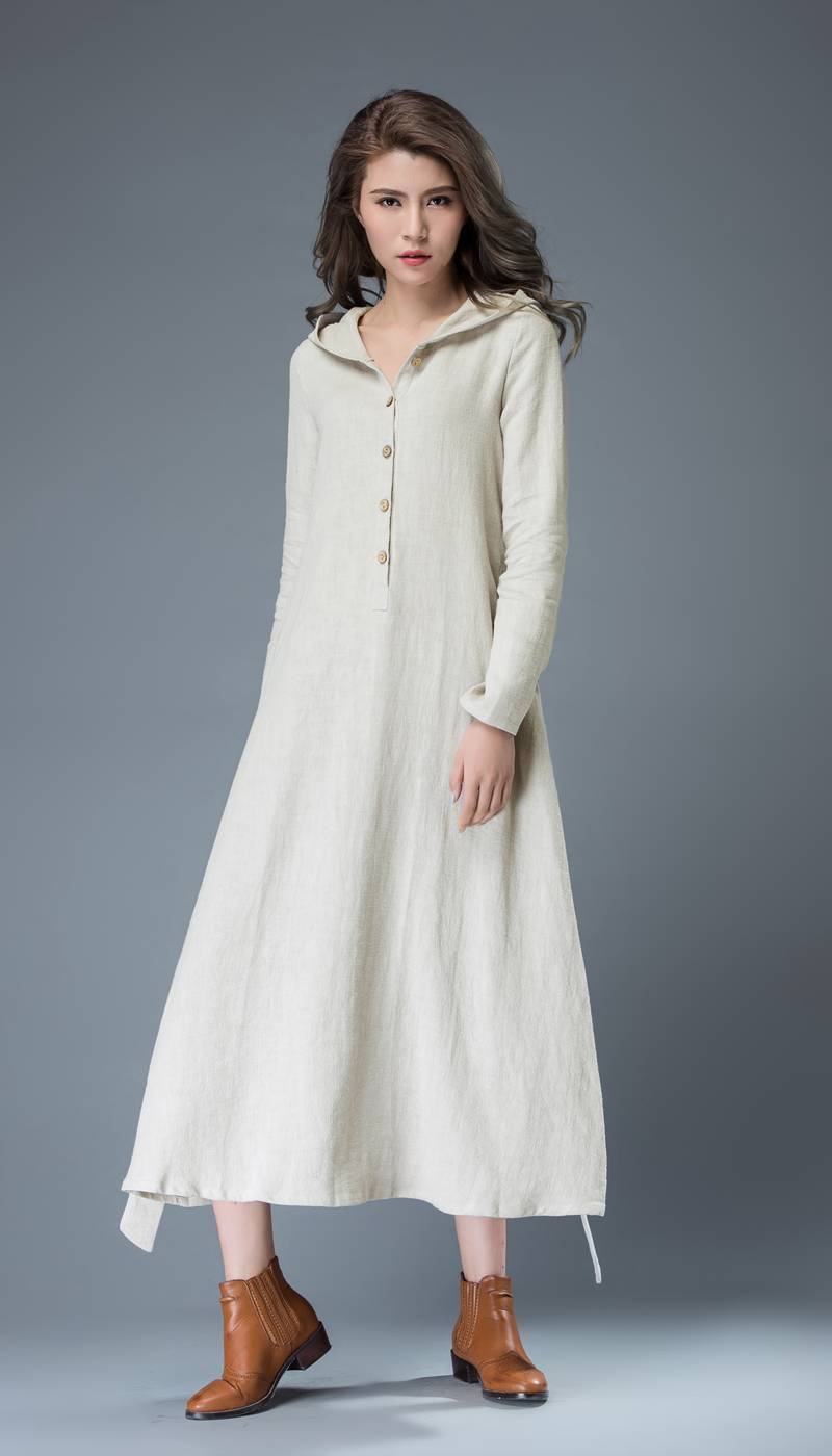 gray linen dress, hooded linen dress, linen dress, maxi dress, women dresses, long sleeve dress, casual dress, linen dress women C814