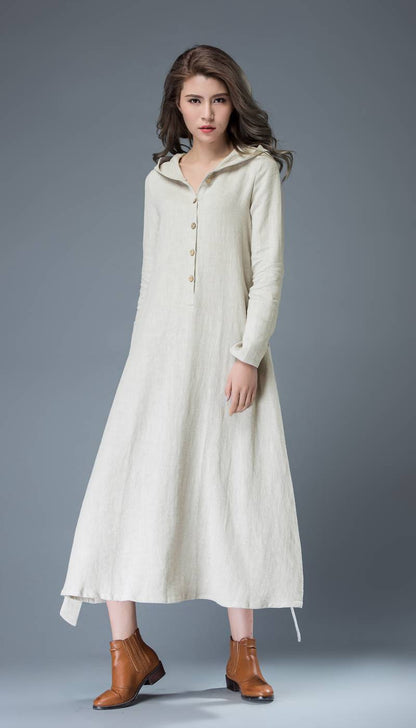 gray linen dress, hooded linen dress, linen dress, maxi dress, women dresses, long sleeve dress, casual dress, linen dress women C814