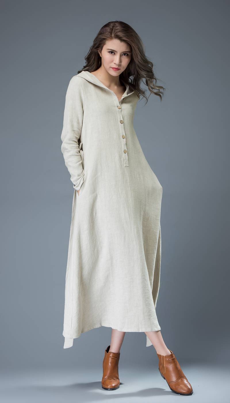 gray linen dress, hooded linen dress, linen dress, maxi dress, women dresses, long sleeve dress, casual dress, linen dress women C814