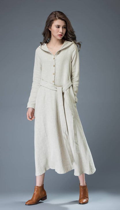 gray linen dress, hooded linen dress, linen dress, maxi dress, women dresses, long sleeve dress, casual dress, linen dress women C814