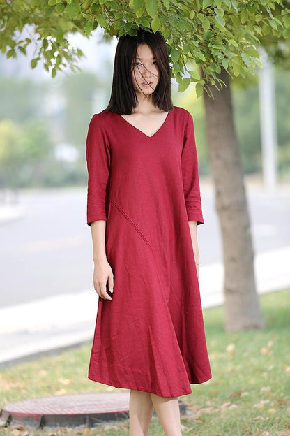 Red Linen Dress - Midi Length Loose-Fitting Plus Size V-Neck Casual Everyday Comfortable Womens Clothing C264