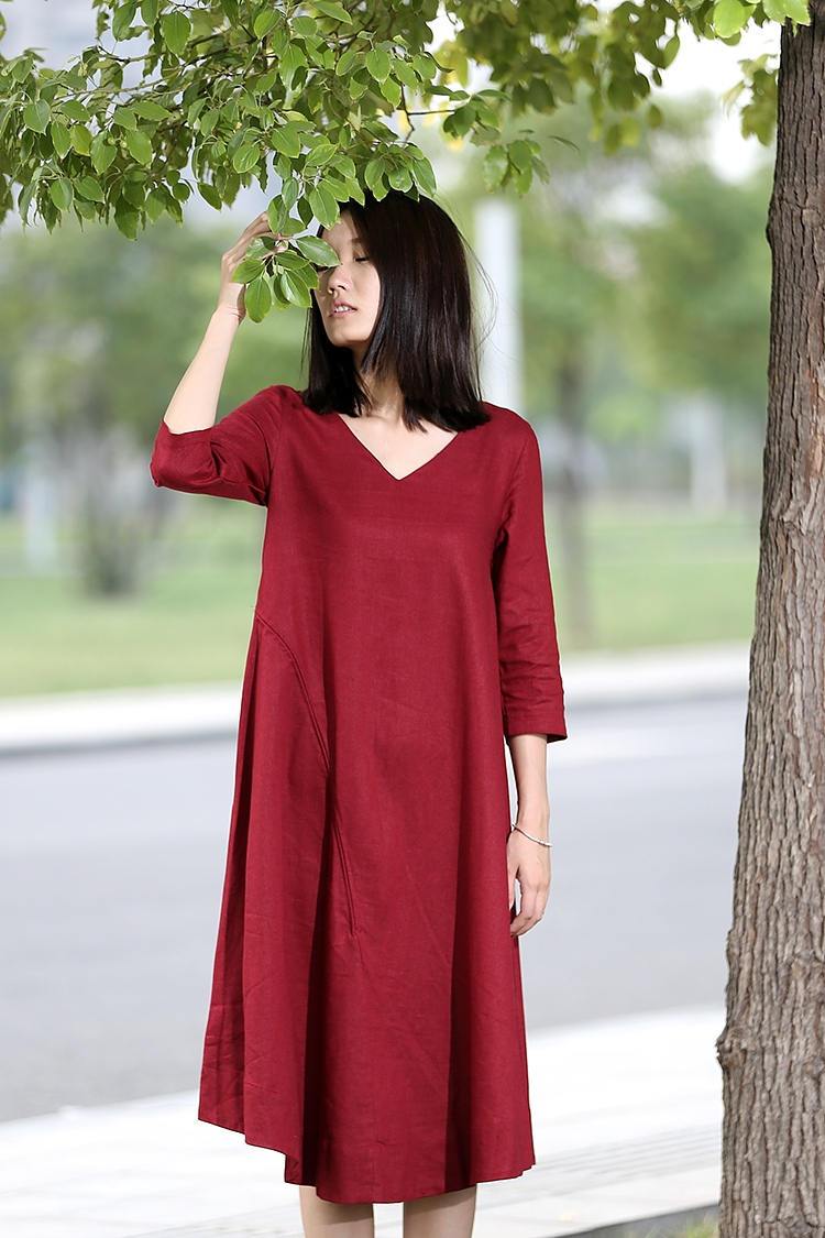 Red Linen Dress - Midi Length Loose-Fitting Plus Size V-Neck Casual Everyday Comfortable Womens Clothing C264