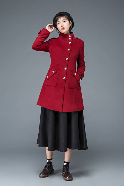 wool coat, winter coat, red coat, womens coat, Military coat, warm coat, Vintage coat, high collar coat, women wool coat, retro coat C1198