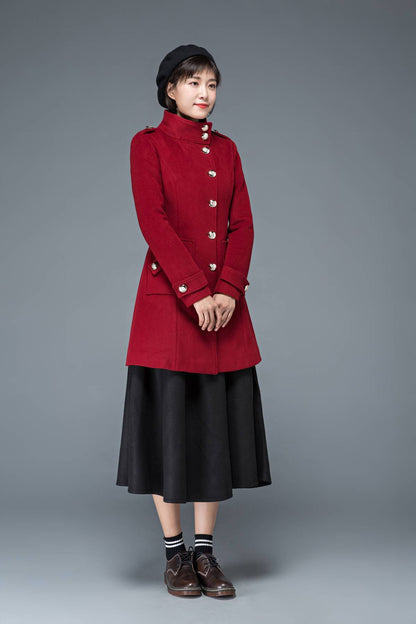 wool coat, winter coat, red coat, womens coat, Military coat, warm coat, Vintage coat, high collar coat, women wool coat, retro coat C1198