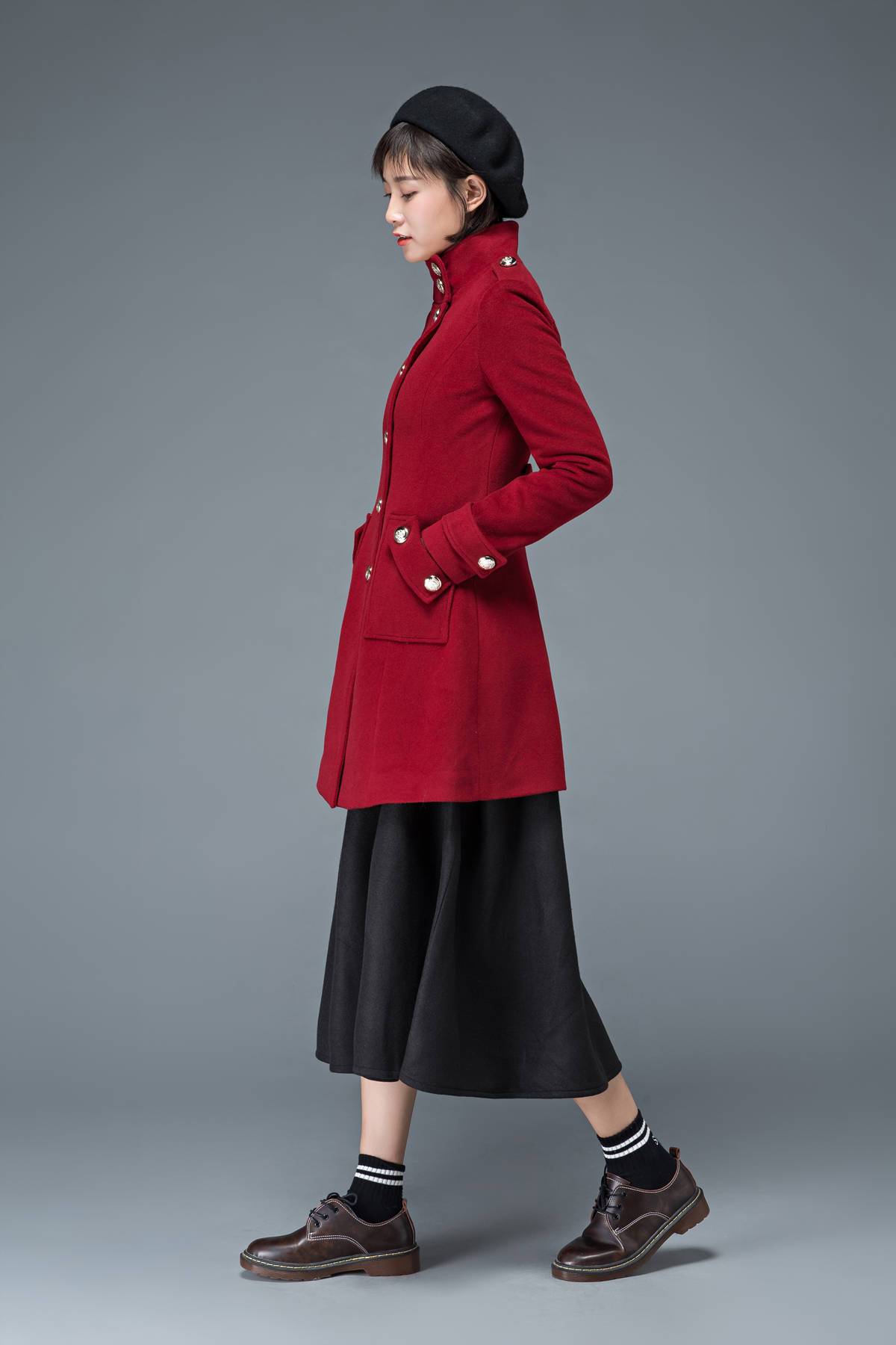 wool coat, winter coat, red coat, womens coat, Military coat, warm coat, Vintage coat, high collar coat, women wool coat, retro coat C1198