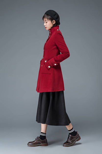 wool coat, winter coat, red coat, womens coat, Military coat, warm coat, Vintage coat, high collar coat, women wool coat, retro coat C1198