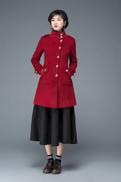 wool coat, winter coat, red coat, womens coat, Military coat, warm coat, Vintage coat, high collar coat, women wool coat, retro coat C1198
