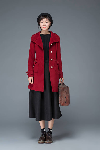 wool coat, winter coat, red coat, womens coat, Military coat, warm coat, Vintage coat, high collar coat, women wool coat, retro coat C1198
