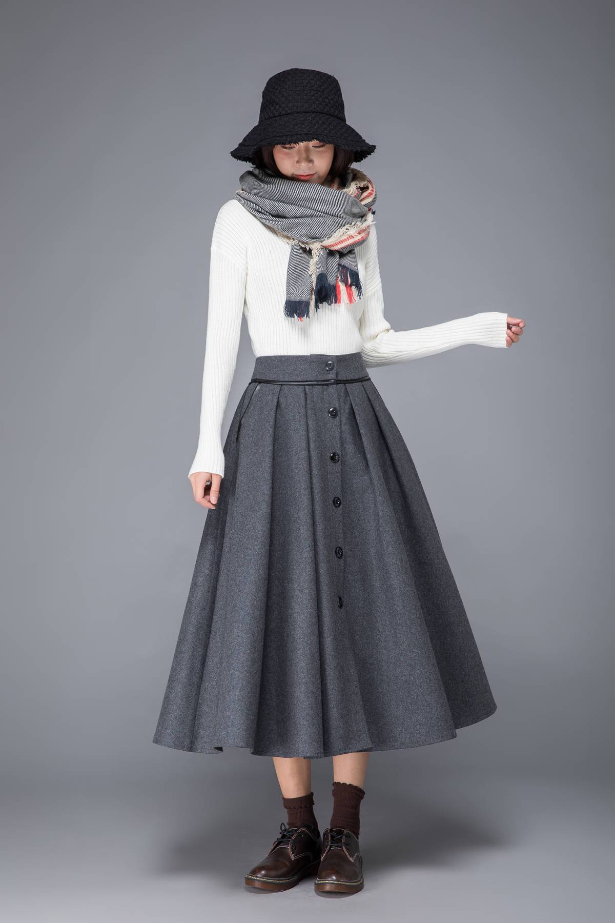 wool skirt, gray skirt, womens skirt, wool pleated skirt, wool wrap skirt, winter skirt, gray wool skirt, pockets skirt, long skirt  c1223