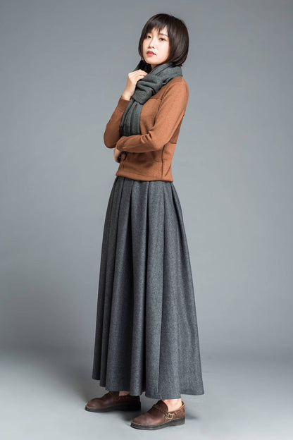 Gray skirt, winter skirt, long skirt, pleated skirt, womens skirts, wool skirt, flare skirt, swing skirt, skirt with pockets C1205