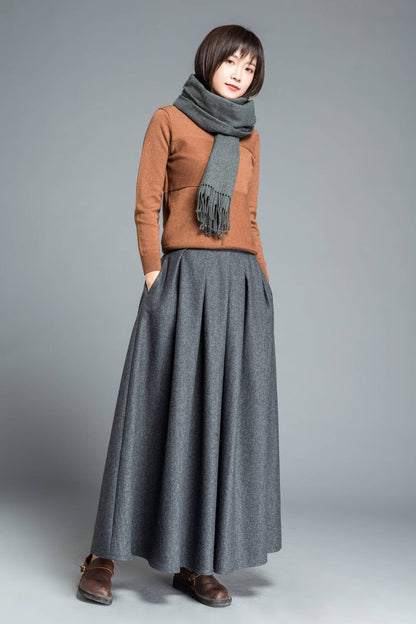 Gray skirt, winter skirt, long skirt, pleated skirt, womens skirts, wool skirt, flare skirt, swing skirt, skirt with pockets C1205