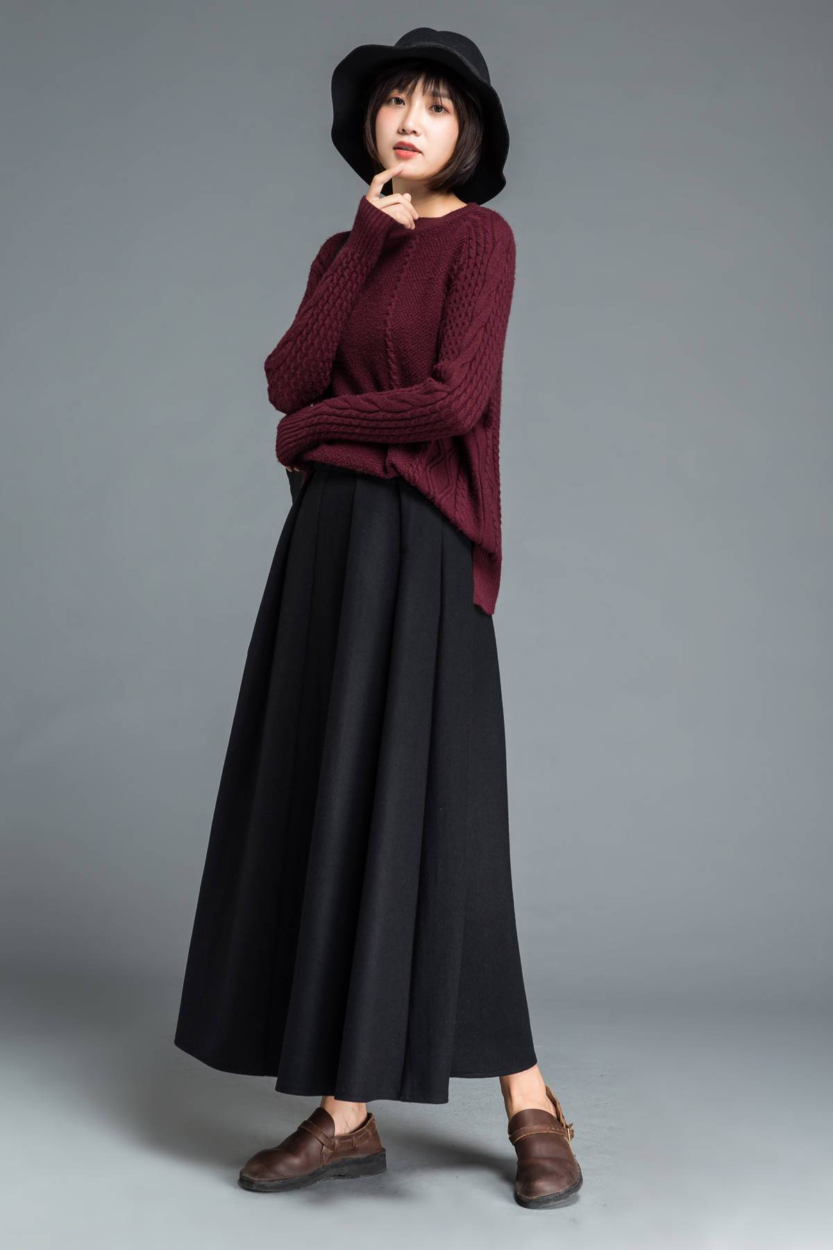 black wool skirt, winter warm skirt, womens skirts, long pleated skirt –  Ylistyle