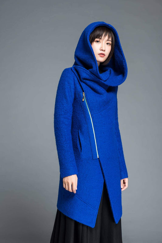 Womens coat, wool coat, blue coat, winter coat, asymmetrical coat, hoody coat, cowl neck coat, plus size coat, winter wool coat C1212