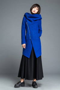 Womens coat, wool coat, blue coat, winter coat, asymmetrical coat, hoody coat, cowl neck coat, plus size coat, winter wool coat C1212