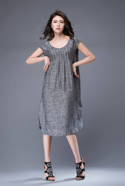 Gray linen tunic dress - mini Linen Women's Summer Dress with Cap Sleeves & Scoop Neck Mid-Length Plus Size Dress C886