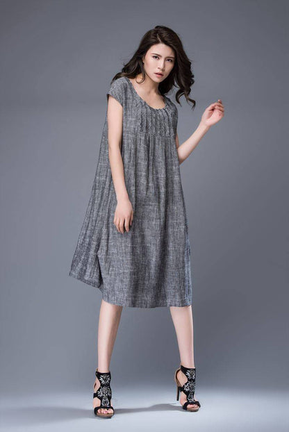 Gray linen tunic dress - mini Linen Women's Summer Dress with Cap Sleeves & Scoop Neck Mid-Length Plus Size Dress C886