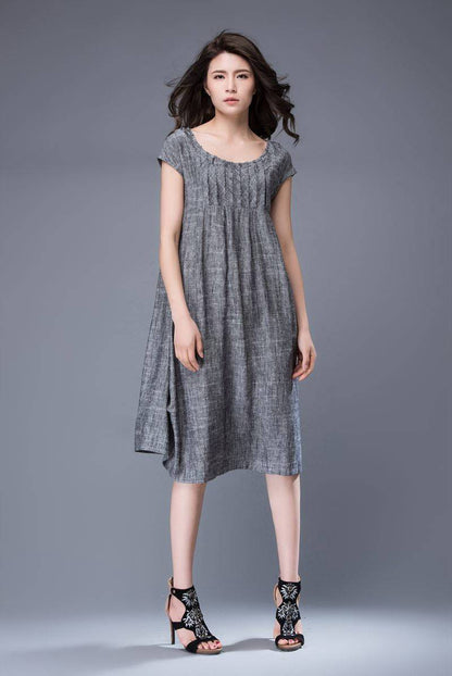 Gray linen tunic dress - mini Linen Women's Summer Dress with Cap Sleeves & Scoop Neck Mid-Length Plus Size Dress C886