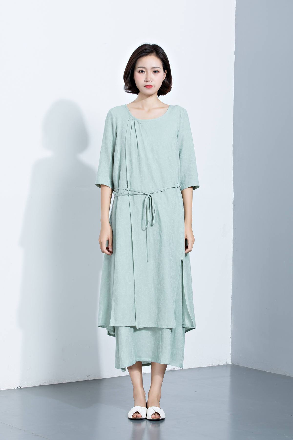 Mint Green Linen Dress, Layered Dress, Midi Dress, Printed Dress, 3/4 Sleeves Dress, Loose Dress, Summer Dress, Women's Dress C1132