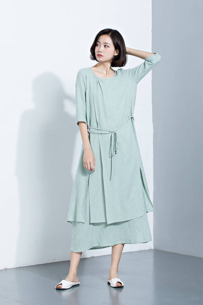 Mint Green Linen Dress, Layered Dress, Midi Dress, Printed Dress, 3/4 Sleeves Dress, Loose Dress, Summer Dress, Women's Dress C1132