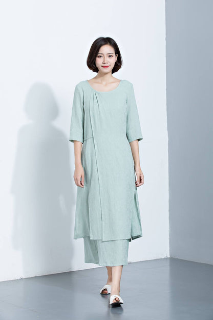 Mint Green Linen Dress, Layered Dress, Midi Dress, Printed Dress, 3/4 Sleeves Dress, Loose Dress, Summer Dress, Women's Dress C1132