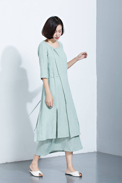 Mint Green Linen Dress, Layered Dress, Midi Dress, Printed Dress, 3/4 Sleeves Dress, Loose Dress, Summer Dress, Women's Dress C1132