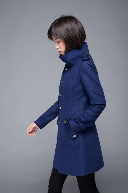 warm winter coat, blue coat, wool coat, womens jackets, midi jacket, coat, jackets, winter coat, fitted coat, pockets coat, C1216